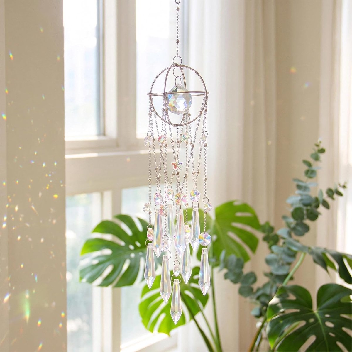 Hangende kristallen zonnevanger, zilveren planeet-zonnevanger | Suncatcher, bergkristal, voor ramen, slaapkamer, balkon
