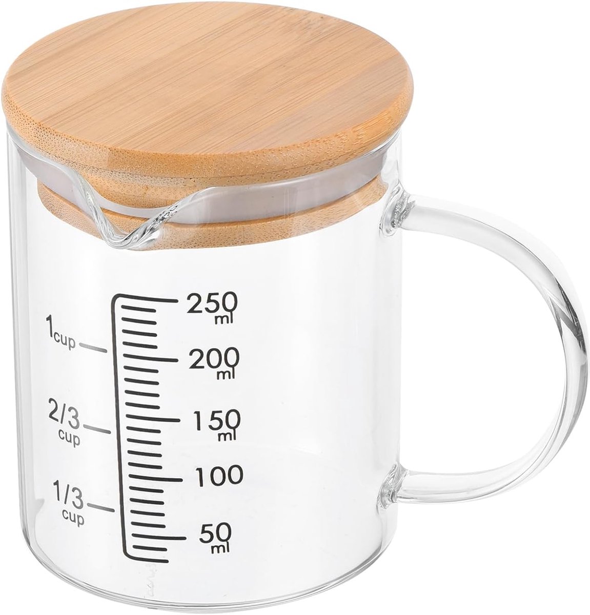 250ml Glas Maatbeker, 3.3 Borosilicaatglas Gegradeerd Zwart Gedrukt Schaal Vloeibare Maatregel Cups Beker met Houten Deksel en V-vormige Uitloop voor Keuken