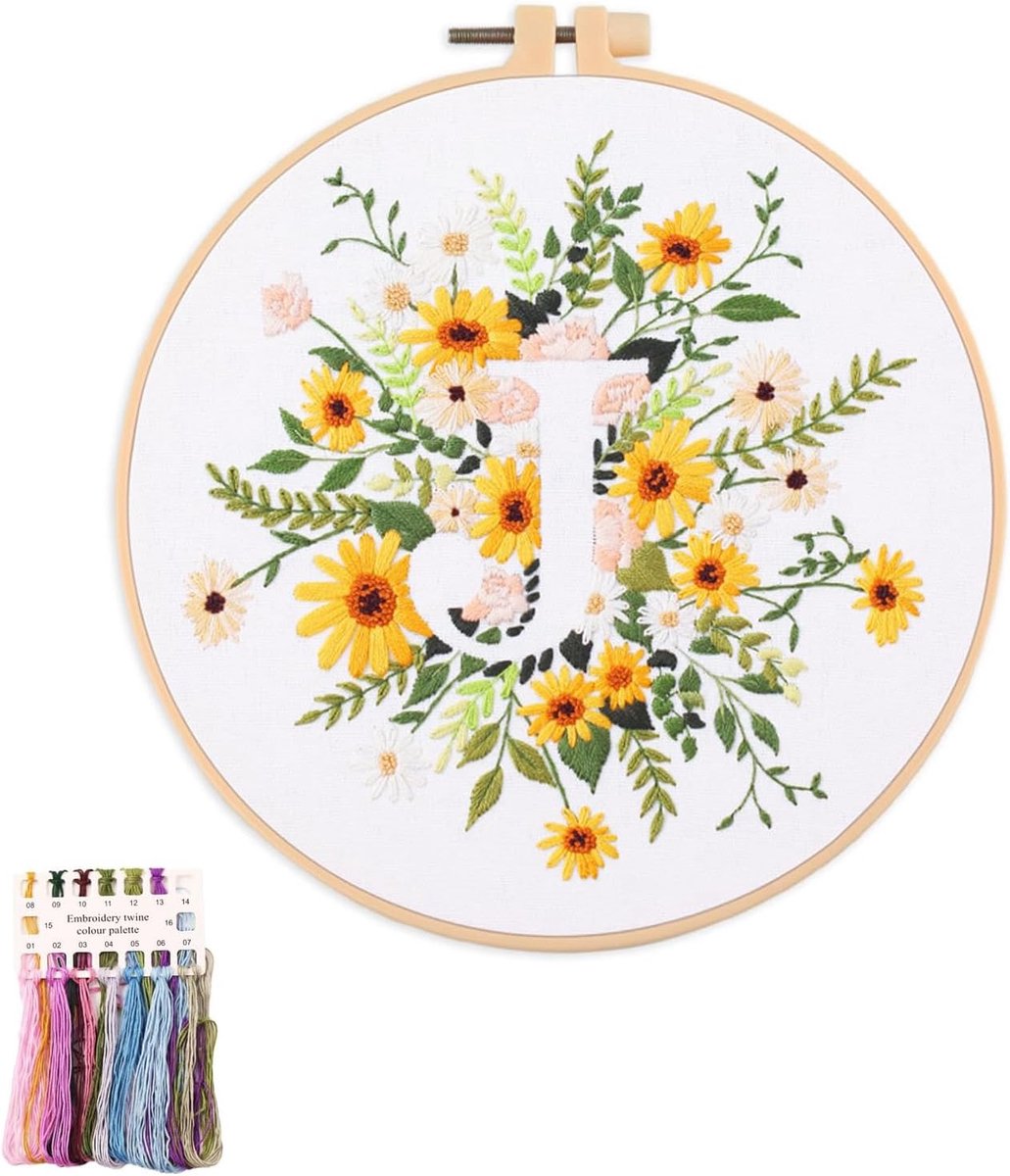Artcici Borduurpakketten Plant Bloem Blad Engels Letter Patronen voor Beginners Volwassenen, Volledige Range Borduurwerk Starter Kits Kruissteek Handwerk Benodigdheden (Letter J)