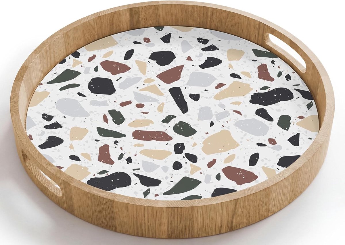 Dienblad Rond 40x40 cm Serveerblad Met Handgrepen Krasbestendig Hittebestendig Eikenhout Wooden Serving Tray Koffie Thee Terrazzo - Patroon - Kleurrijk - Klei