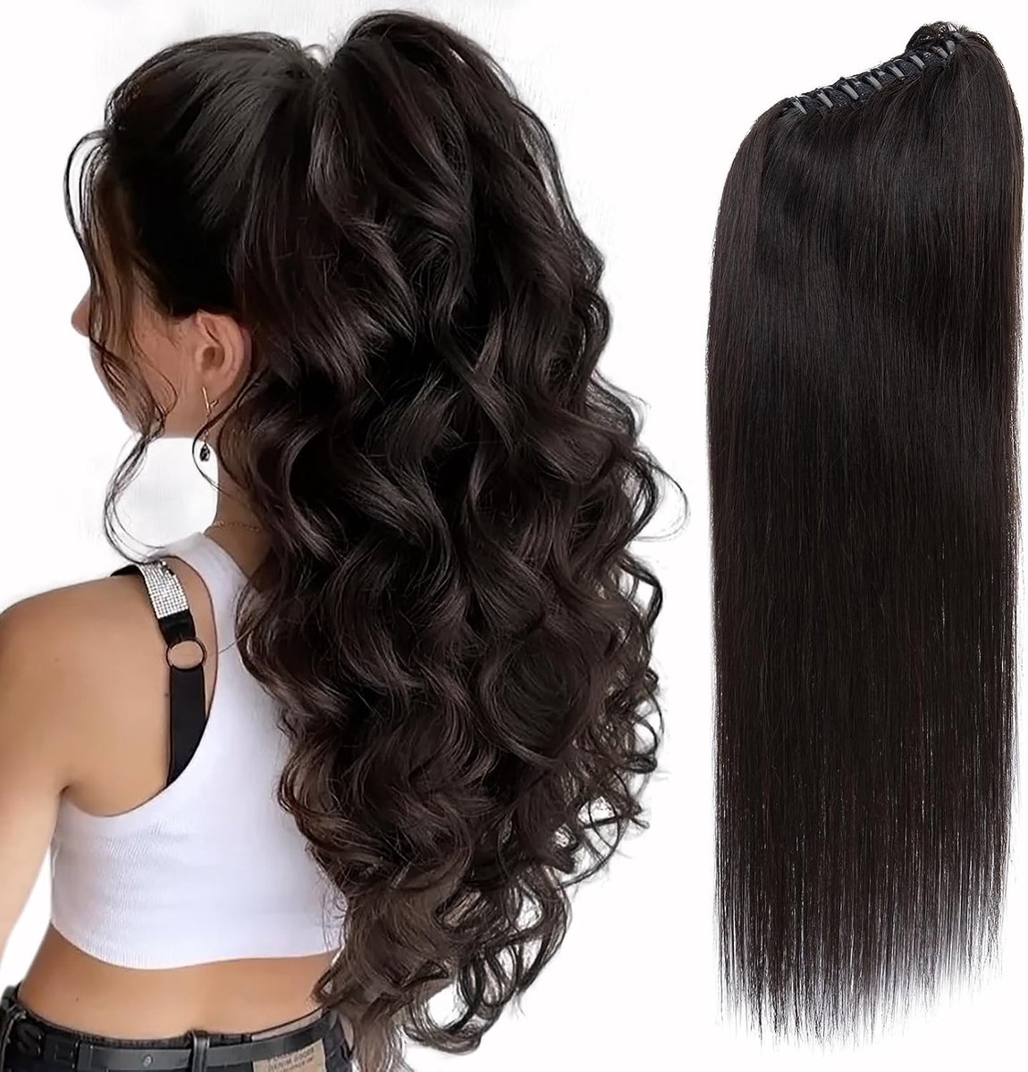 Haarextensies Echt Haar, 20 Inch Paardenstaartextensie Natuurlijk Echt Haar Recht Remy Haar Stukjes - Natuurlijk Zwart (130 g)