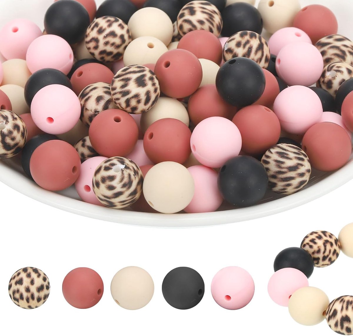 Kralen bulk, 5 kleuren 15 mm siliconen ronde focale losse kralen voor sleutelhanger pennen armbanden ketting doe-het-zelf ambachten maken (beige/bruin/luipaard/roze/zwart)