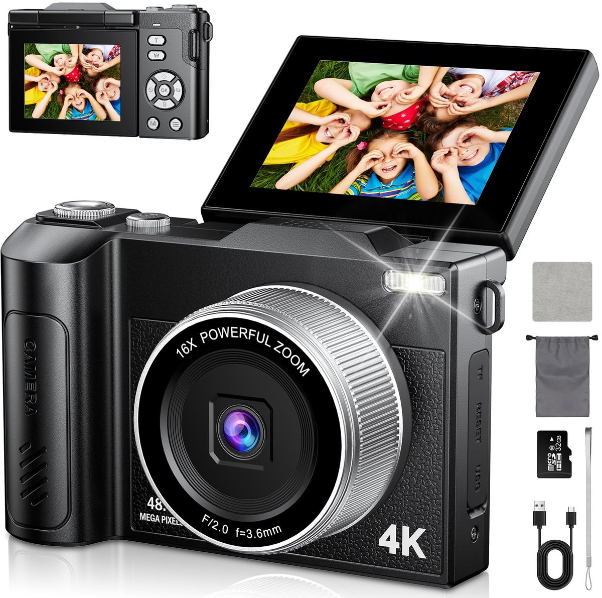 Fotocamera 48 MP - 4K digitale camera - compact en draagbaar - ideaal voor kinderen en beginners - SnelShoppen