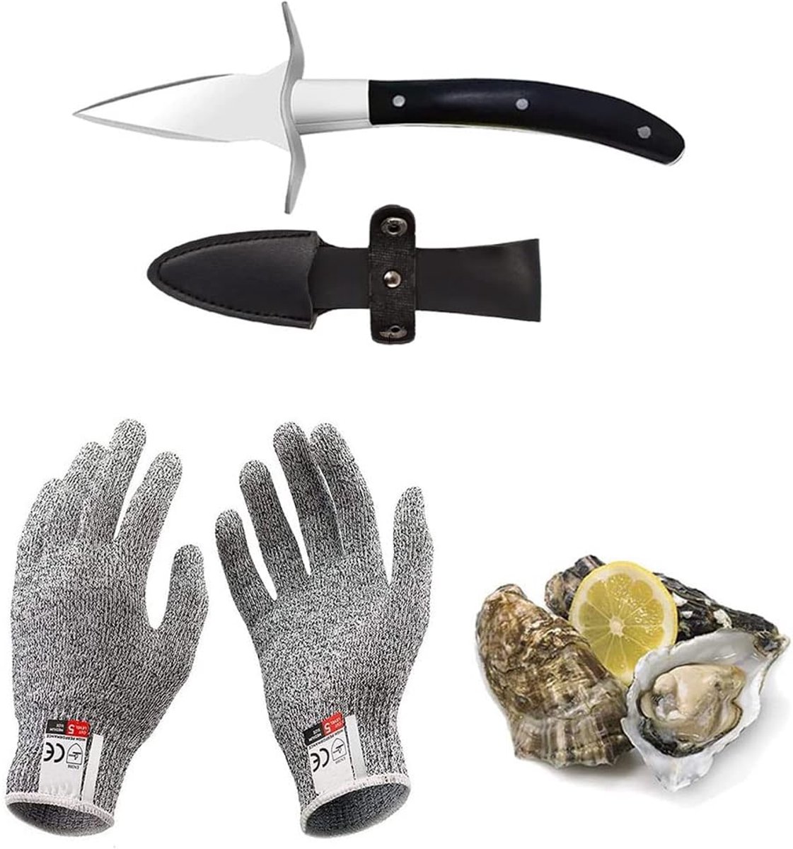 Oestermessenset, oestermesje, snijbestendig en handschoenen voor schelpen of harde kaas, geschikt houten handvat, roestvrij staal