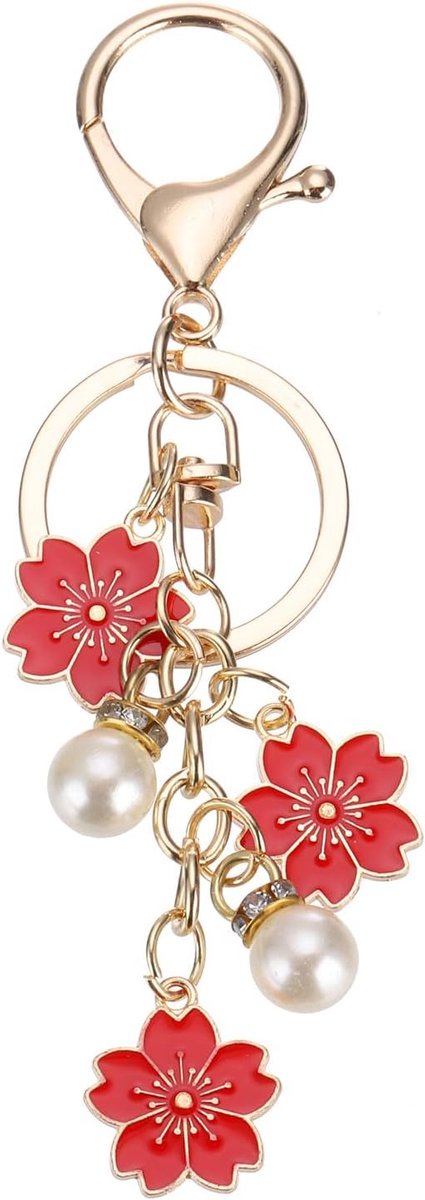 Bloem sleutelhanger charme, kersenbloesem emaille sleutelhanger schattige bloemen sleutelhanger hanger met kreeft gesp voor vrouwen meisjes sleutel handtas rugzak tas accessoires, rood, Rood,