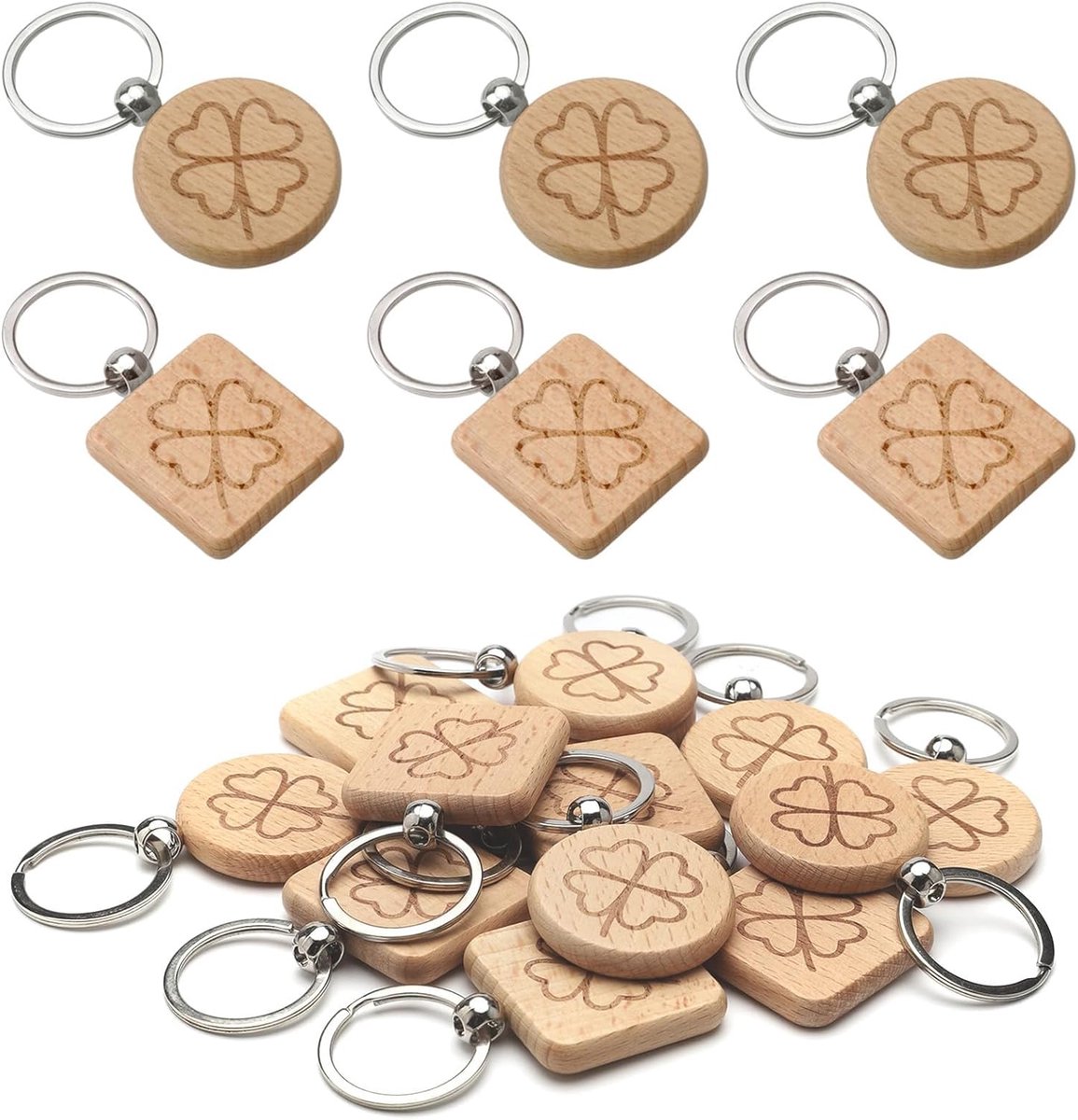 24 stuks sleutelhangers klaverblad hout ronde sleutelhangers van hout met klaverblad, Kaki, 4 CM / 1,57