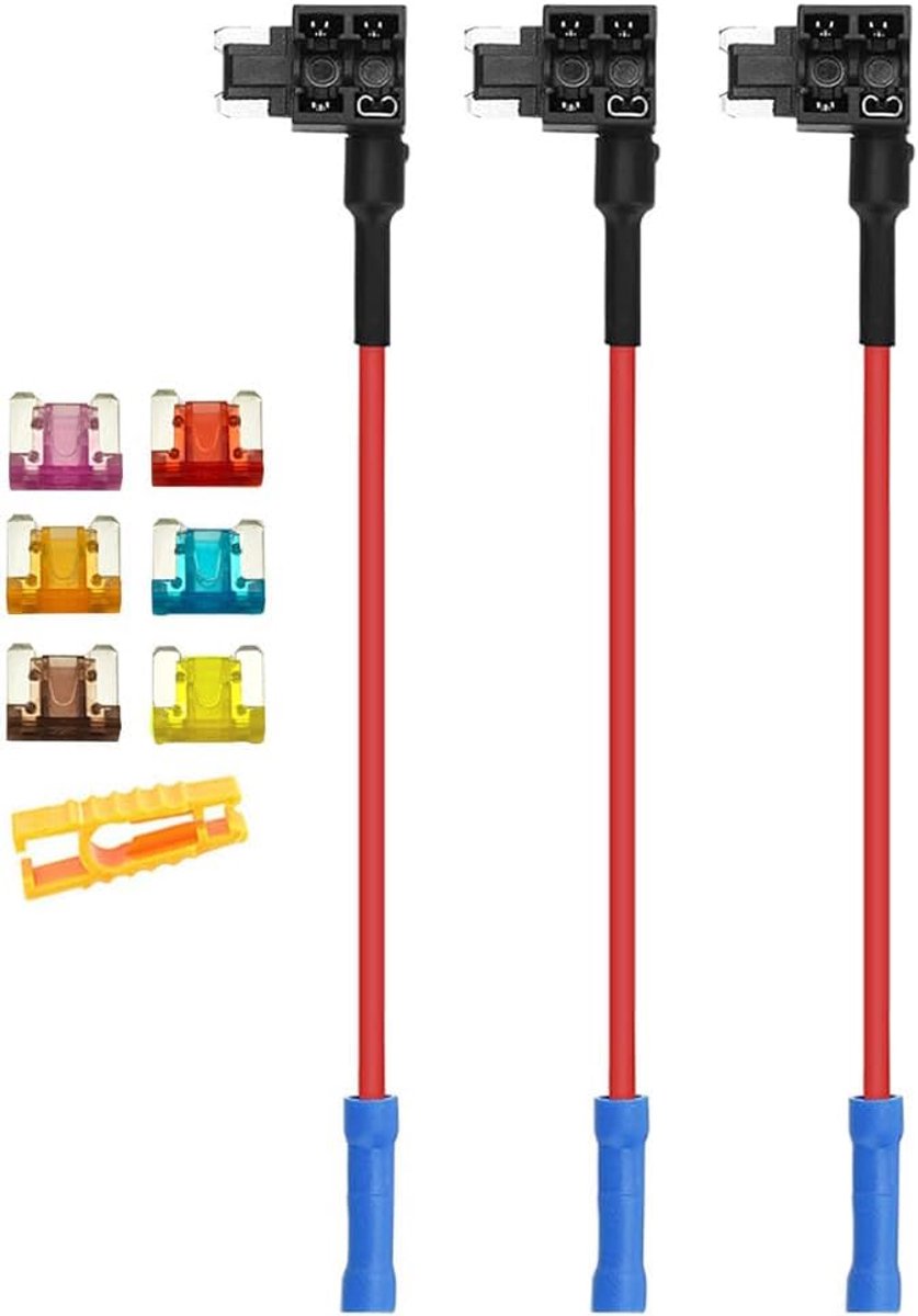 3 Stuks 12V / 24V Laag-Profiel Add-a-Circuit Zekering Adapter, Auto Piggyback Zekeringhouder met 16 AWG Draad, Gratis 6 Stuks Micro Bladzekeringen en Zekeringtrekker (Krimp Terminal)