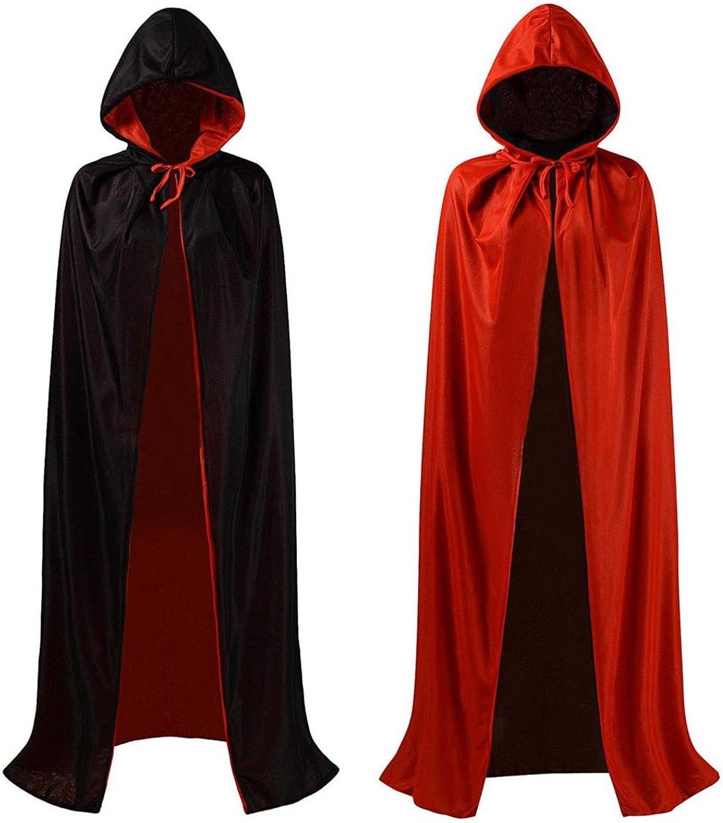 Halloween Cape met capuchon, vampiercape, zwart en rood, dubbelzijdige cape, heksenjas, Halloween-kostuum, 185 cm