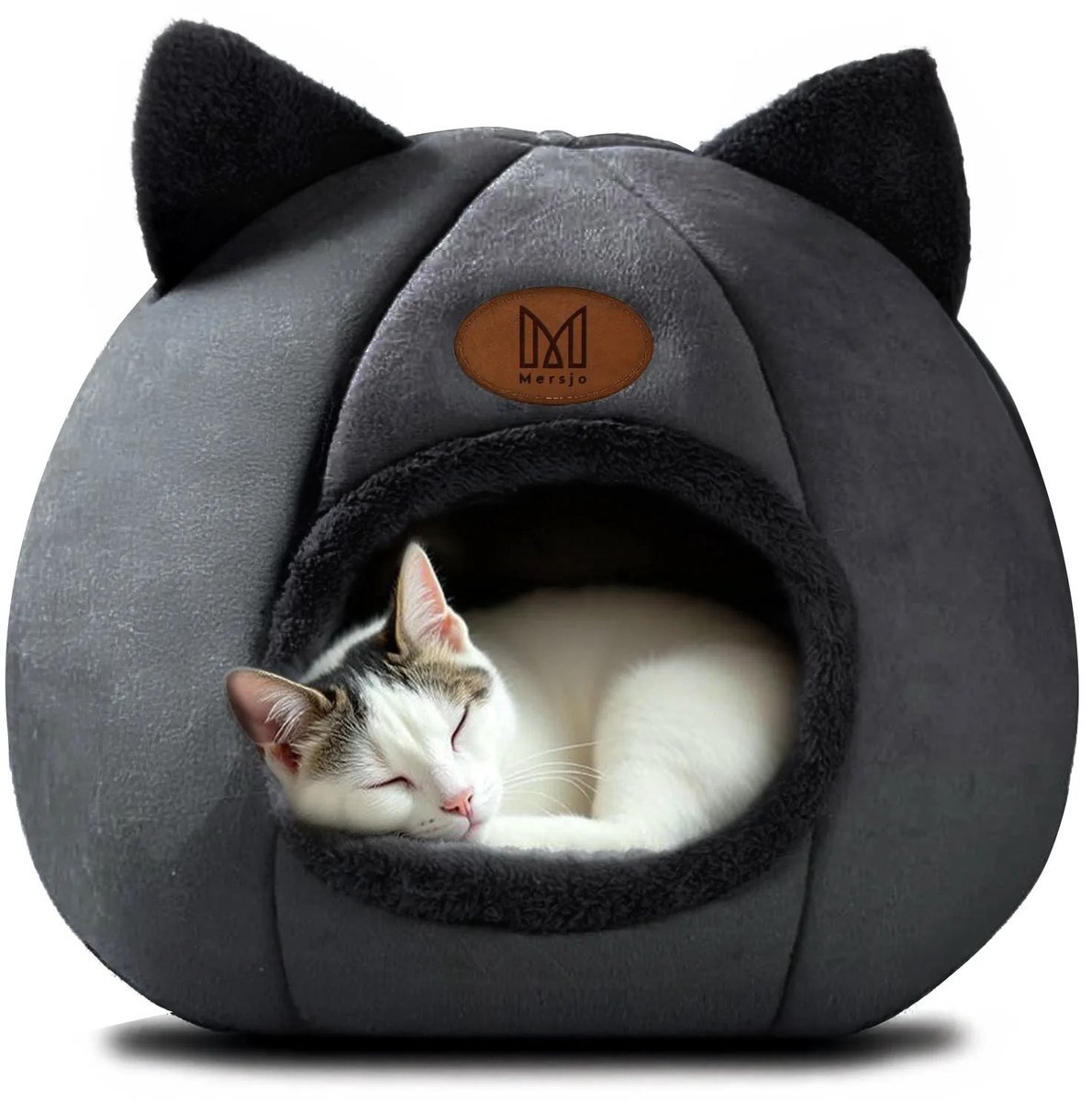 ITRONIQ Kattenhuis 35 x 35 cm - Zachte Kattenmand Met Dak en Oren - Warm Kattenbed Met Antislip Bodem - Voor Katten - Zwart