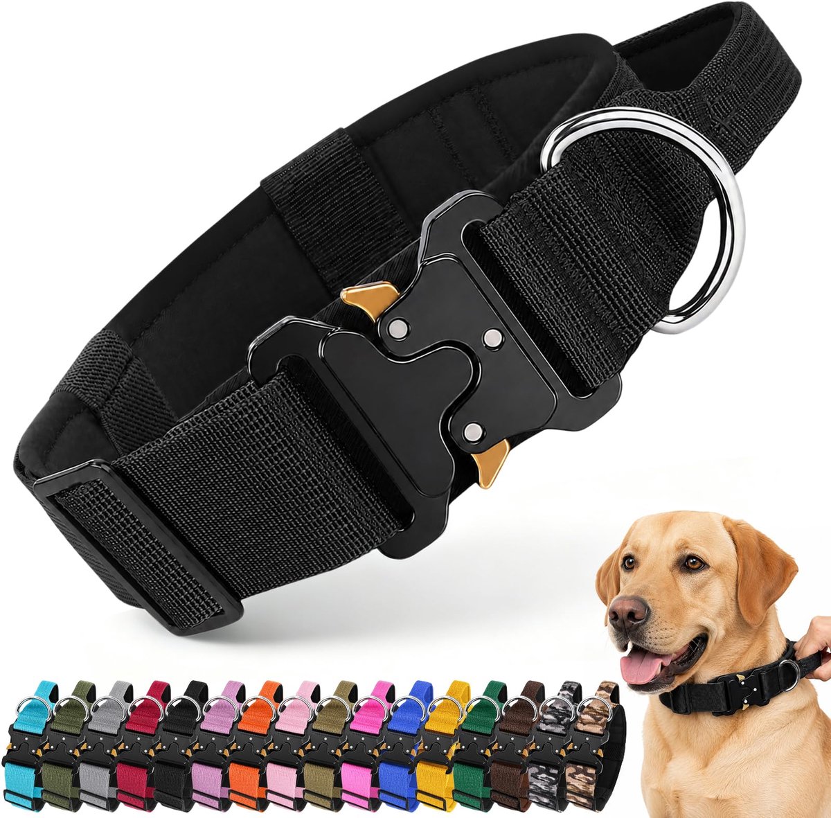 Tactische hondenhalsband verstelbaar - militaire nylon halsband - met handvat en metalen gesp - ideaal voor training - SnelShoppen