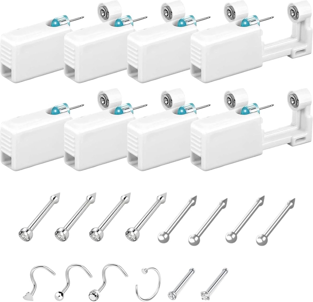 8 stuks, neuspiercing, piercingpistool, prikken, piercing neus, met 6 neusstekers + 8 alcoholdoekjes, neuspiercing zelf prikken, voor mannen en vrouwen