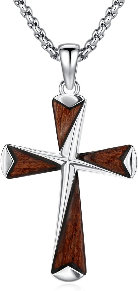 Houten kruis ketting S925 sterling zilver groot kruis hanger ebbenhout beschermend amulet halsketting sieraden voor mannen vrouwen 22+2 inch roestvrij stalen ketting