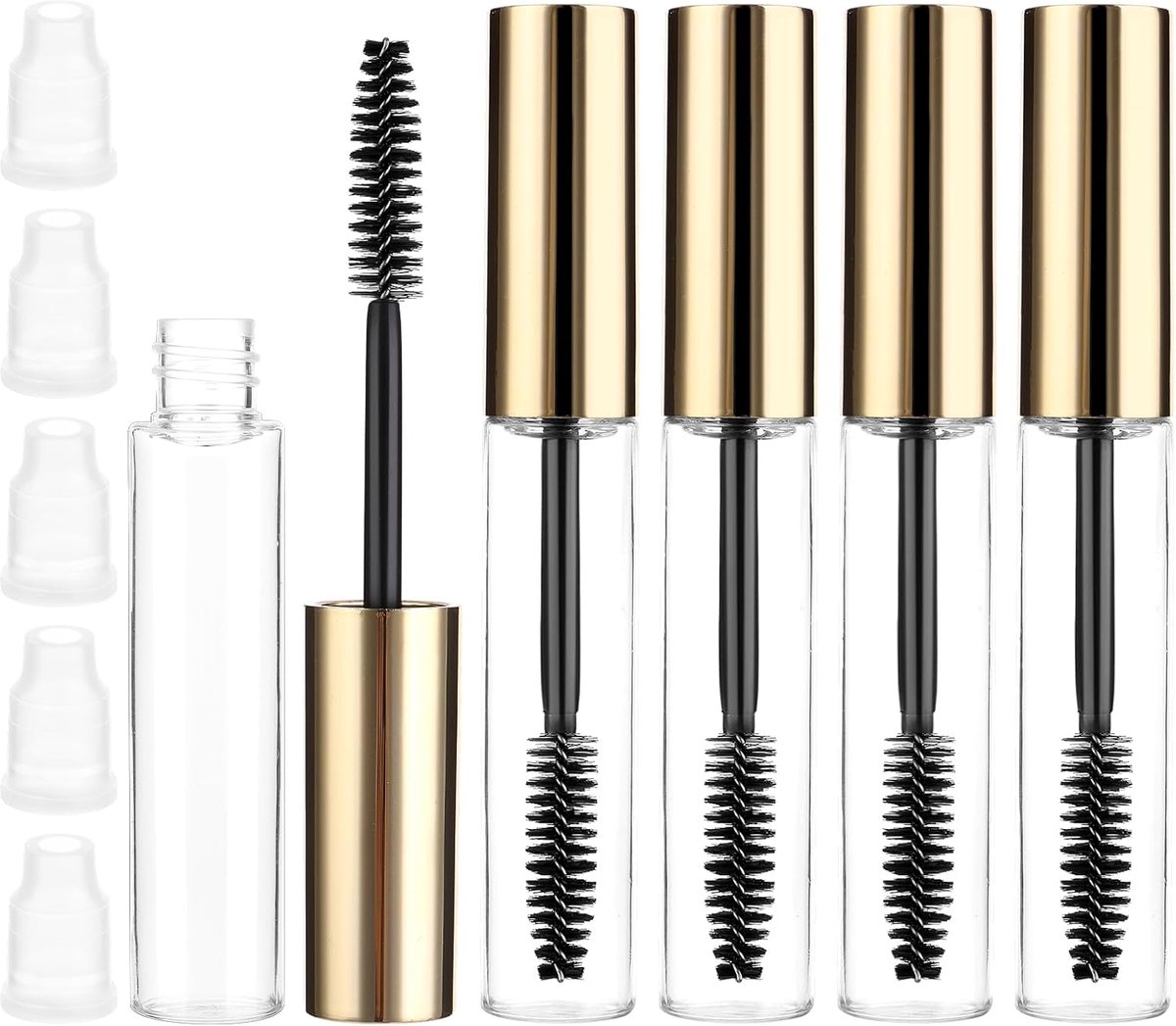 5 stuks lege mascaraflessen 10 ml wimperborstels met houder navulbare mascaratubes met transparante trechters geschikt voor ricinusolie mascaravulling (goud)