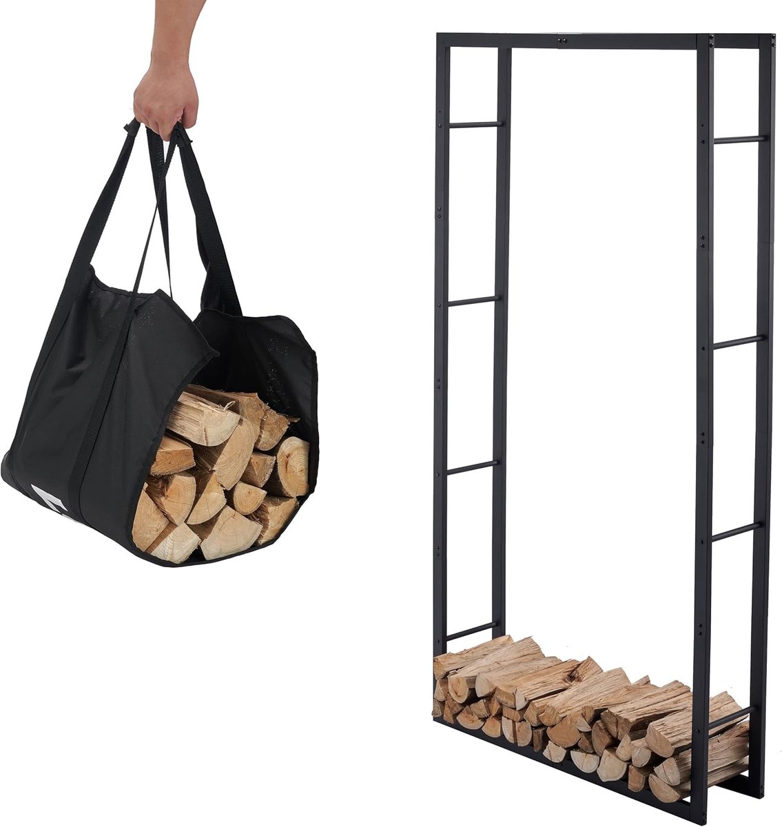 houtopslag rek 100x25x196cm - zwart metaal - stevig ontwerp - geschikt voor binnen en buiten - SnelShoppen