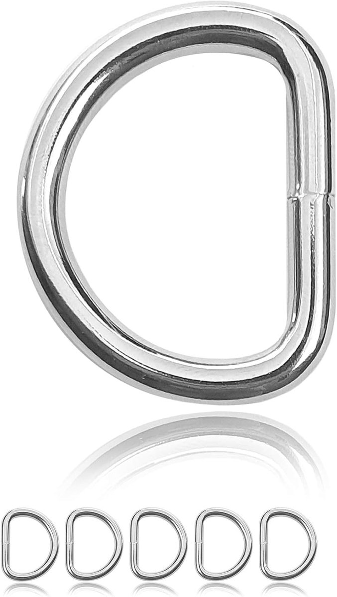 D-ringen roestvrij stalen set 5, 50 x 41 mm buiten, 6 mm dik, zilver glanzend, gelaste verbinding, voor paracord 550, halsbanden, tuigwerk, tassen, riemen, bevestiging, decoratie