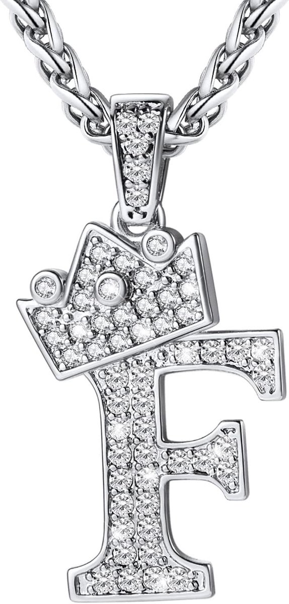 Initiële kettingen A-Z verguld/wit/zwart hanger letter zirkonium kroon spiga ketting 55cm hiphop stijl, Metaal Roestvrij staal