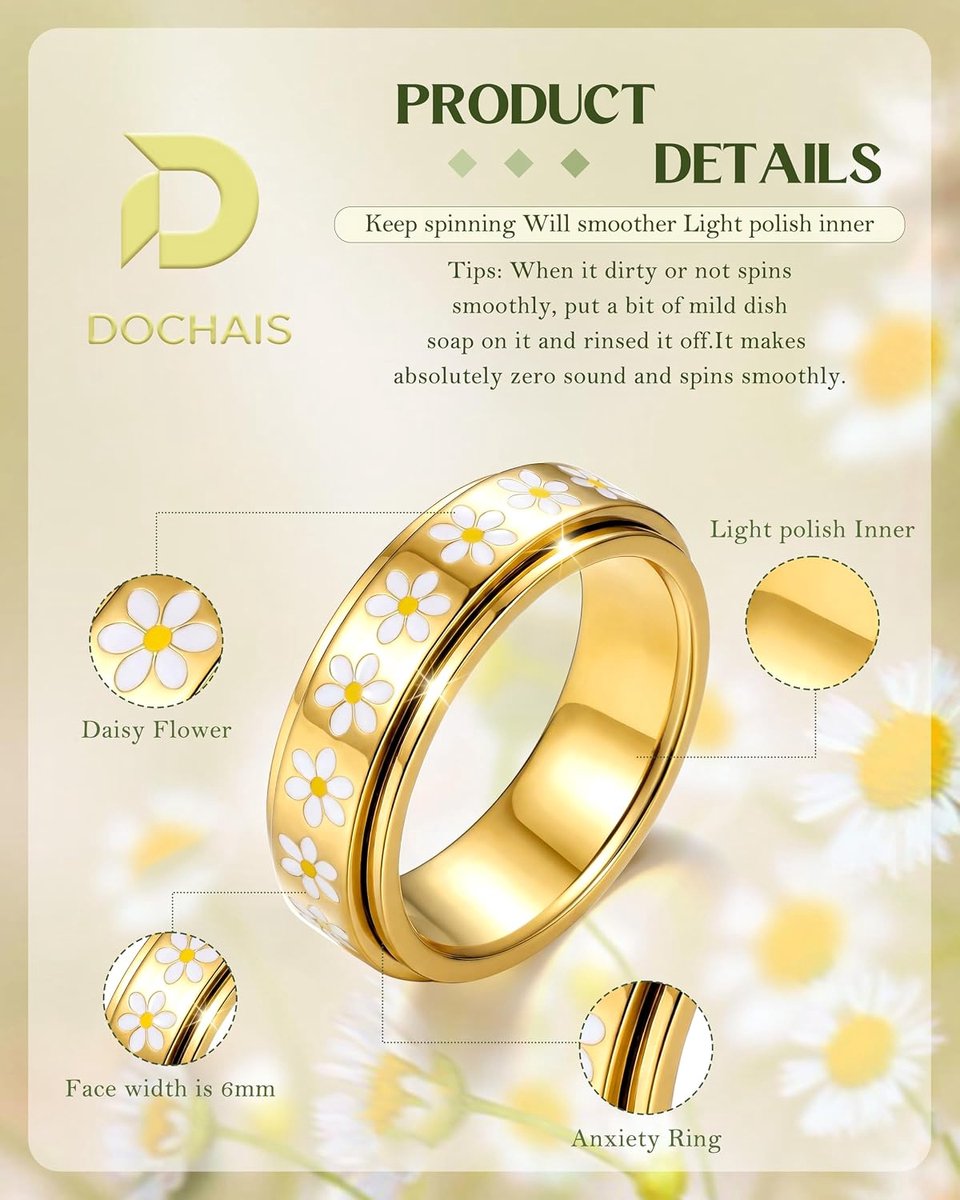 Anxiety Antistress Spinner Ringen Roestvrij Staal Goud/Zilver Madeliefje-Ring Dames Fidget Ring Band Modesieraden Ringen voor Dames Heren, 54, Roestvrij staal