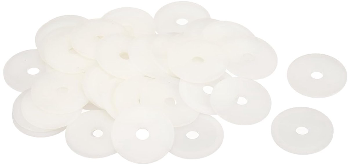Platte sluitringen van nylon, M8, 8 mm, diameter 40 mm, dikte 2 mm, gladde sluitringen, kunststof rubberen sluitringen, afdichtring, wit