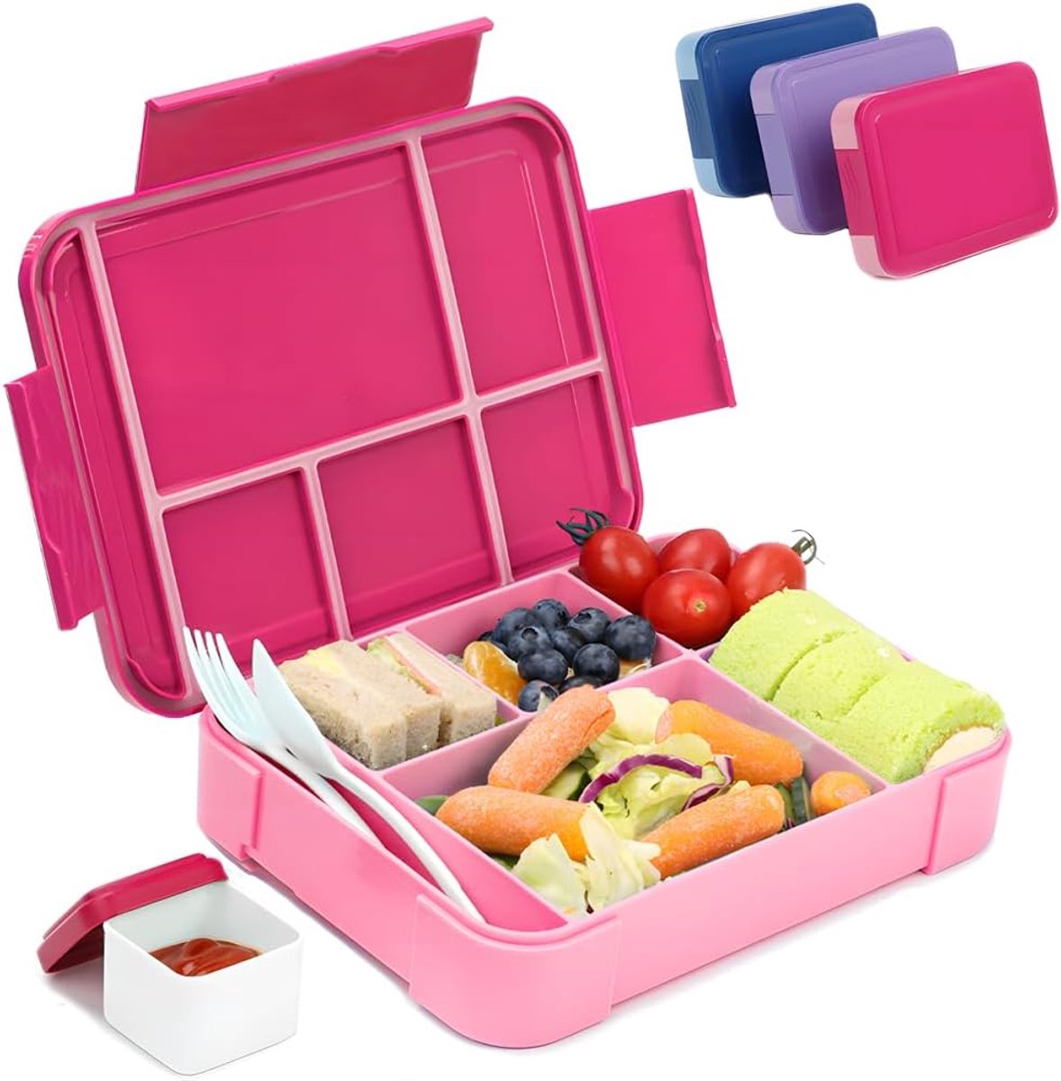 Broodtrommel voor kinderen, met vakken, 1330 ml, lunchbox voor kinderen, bento box, lekvrij met 6 vakken, bestekset, lunchbox, ontbijtbox voor meisjes en jongens