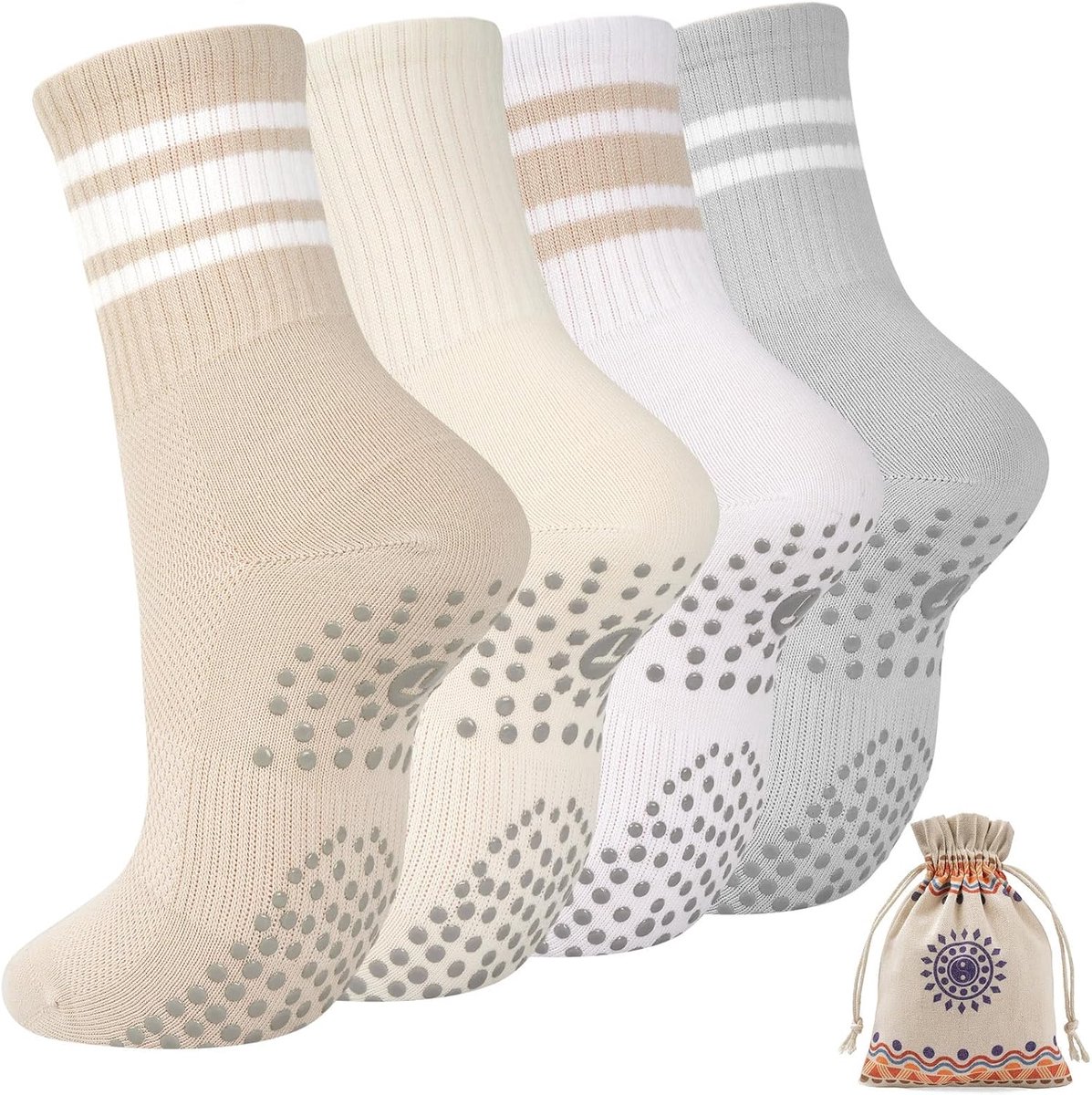 Sokken voor dames, 4 paar yogasokken, 39-42, cadeau voor vrouwen, antislipsokken voor volwassenen, antislip sokken met noppen, pilatessokken