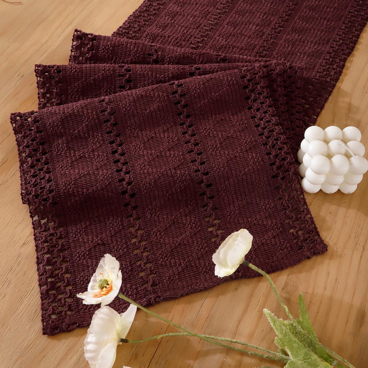 tafelloper bordeauxrood, 30 x 100 cm, bohemien, wasbaar, rustiek katoen en linnen, polyester, elegant, macramé, decoratief, woonkamer, voor bruiloften, feesten, keuken en desserts