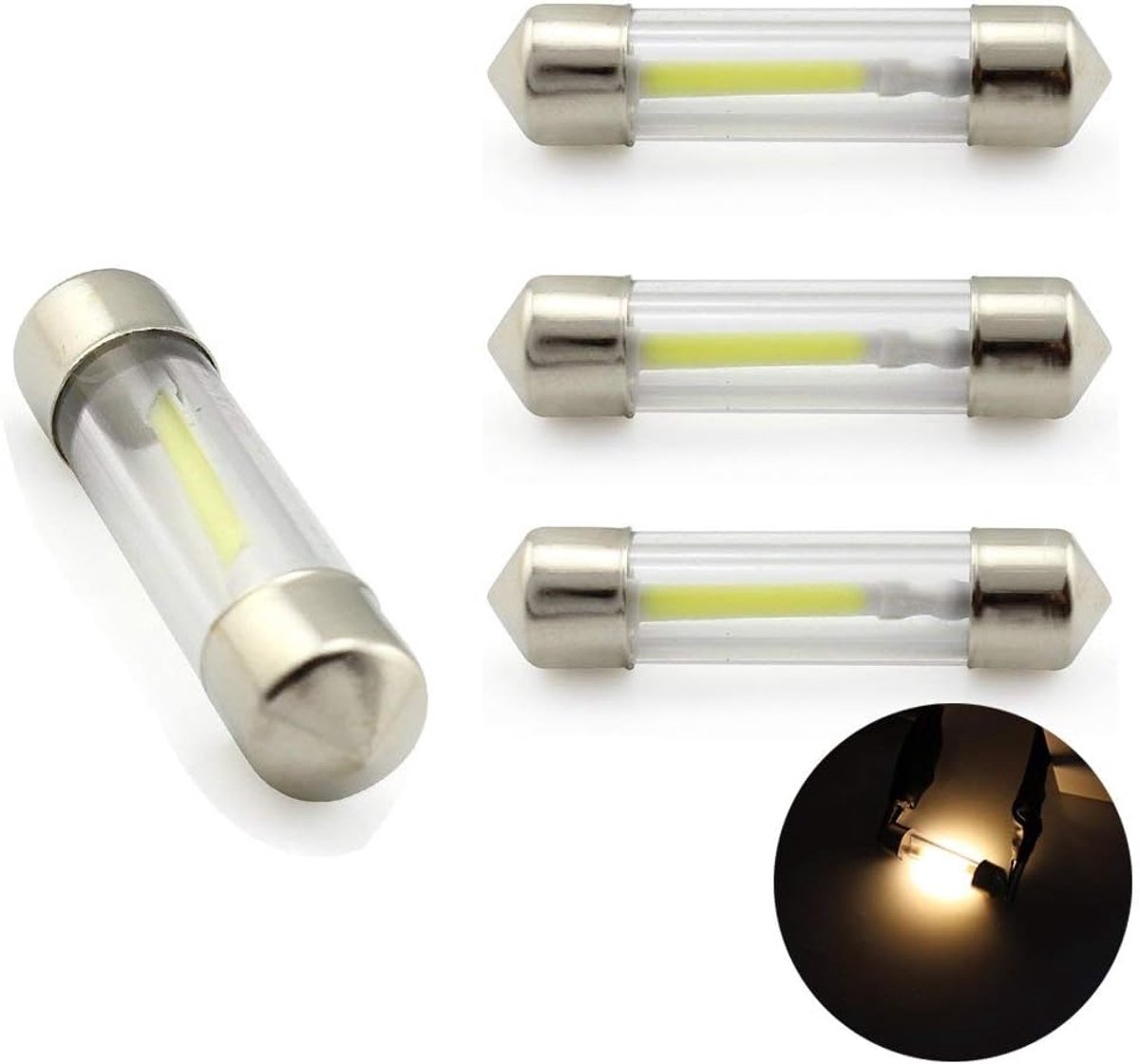 Pack van 4 LED Auto Festoon Dome Light 27mm/31mm/36mm/39mm/41mm 12V 360 Graden COB Gloeilamp Warm Wit 3000K voor Auto Leeslampen, Binnenverlichting, Kentekenplaat Licht (27mm Warm Wit)