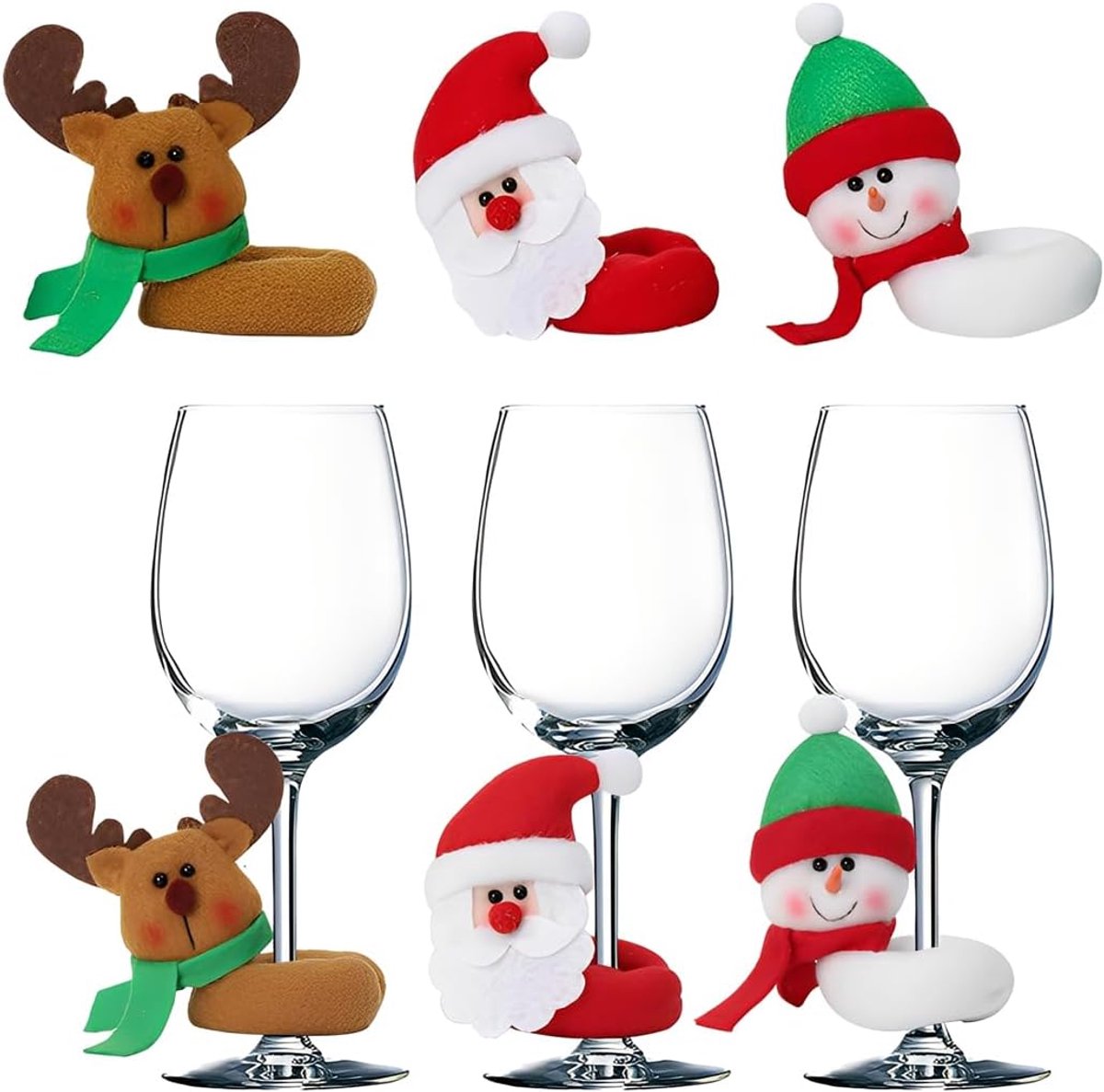 6 stuks wijnglasdecoraties, oude mensen sneeuwpop en eland decoratie, kerstcadeaus, glasmarkering, drinkglazen, wijnglasmarkers herbruikbaar