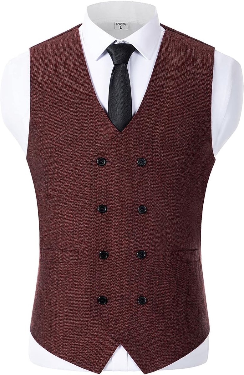 Herenkostuum met twee rijen wol, tweed vest voor bruiloft, bordeaux, M
