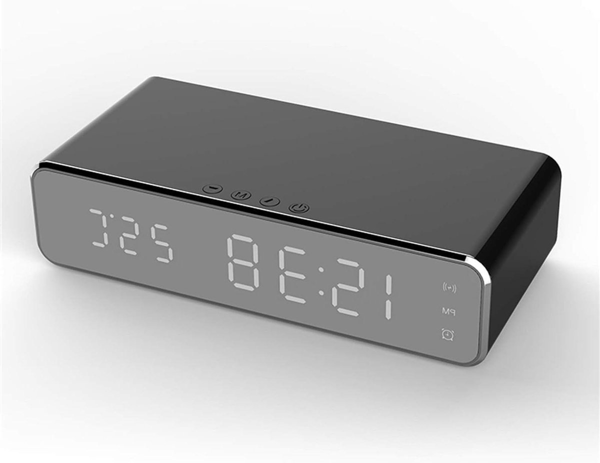 Wekker met draadloze oplader - Nachtkastje speaker - Wakker worden - Dubbele alarmfunctie - 16x7.5x4 cm - Zwart