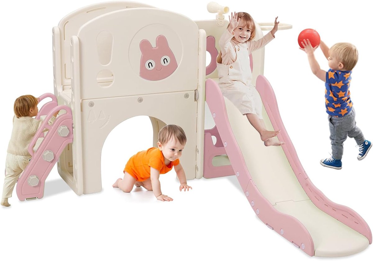 Kinderglijbaan met klimrek, 6-in-1 kinderglijbaan met telescoop, basketbalmand, platformgang, kinderspeelplaats, glijbaanlengte 160 cm (roze)