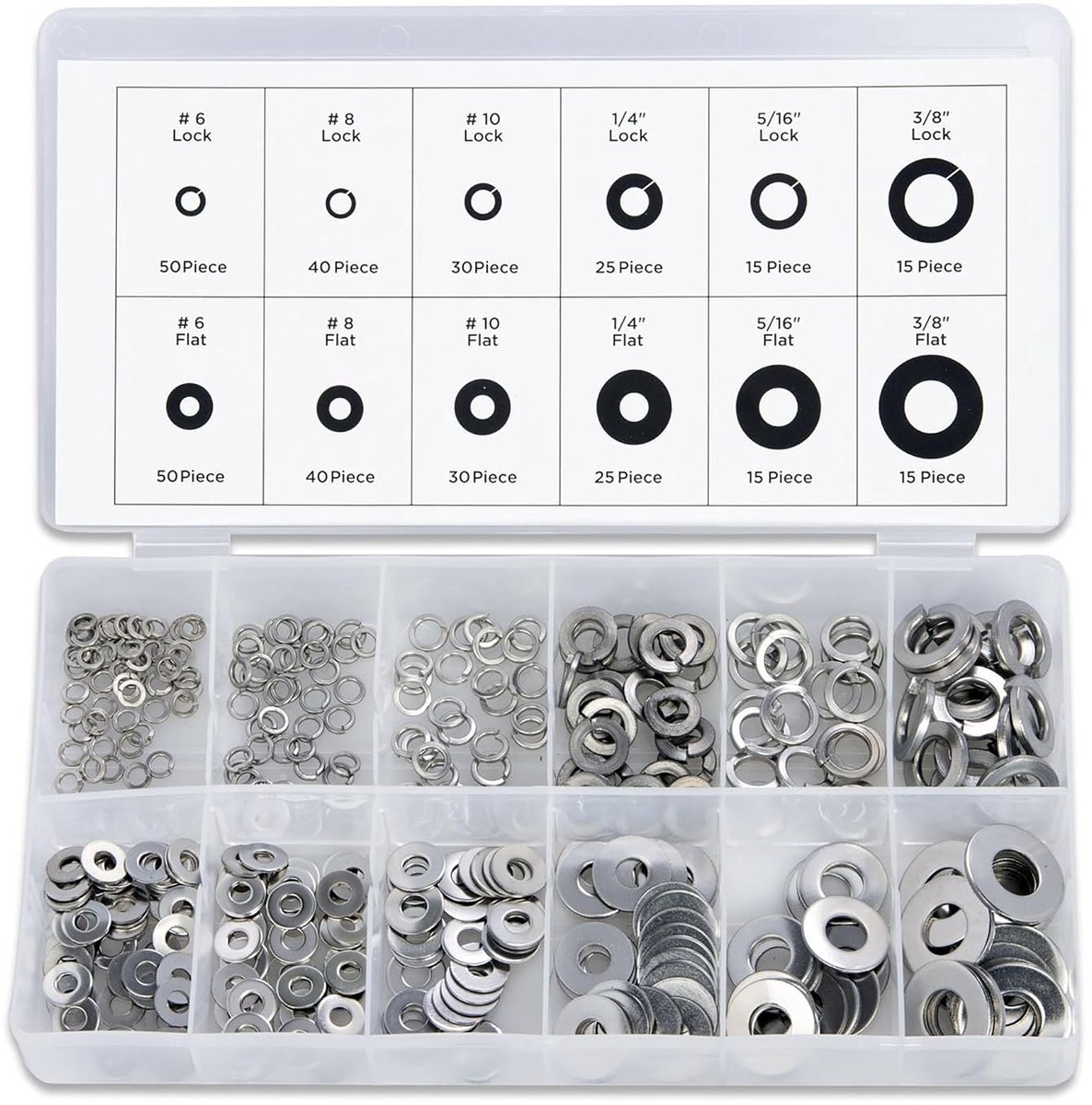 50400A RVS Split Lock en Flat Washer Assortiment | 350-delige Pack Set, Zilver