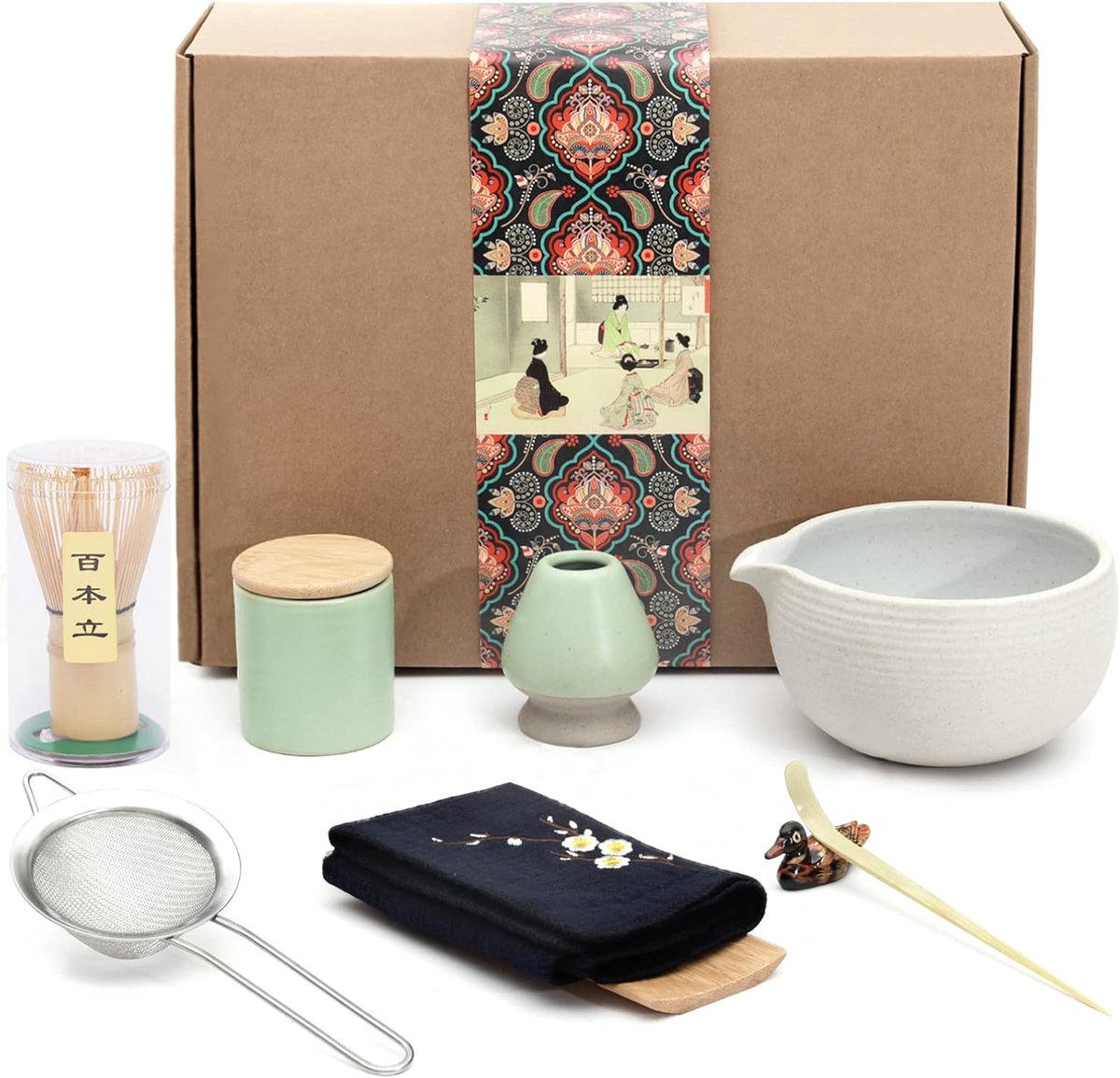Japanse matcha theeservies, matcha kom met schenktuit, matcha garde, theeschep, keramische gardehouder, matcha poeder caddy, handgemaakte matcha set voor Japaanse theeceremonie, 9 stuks