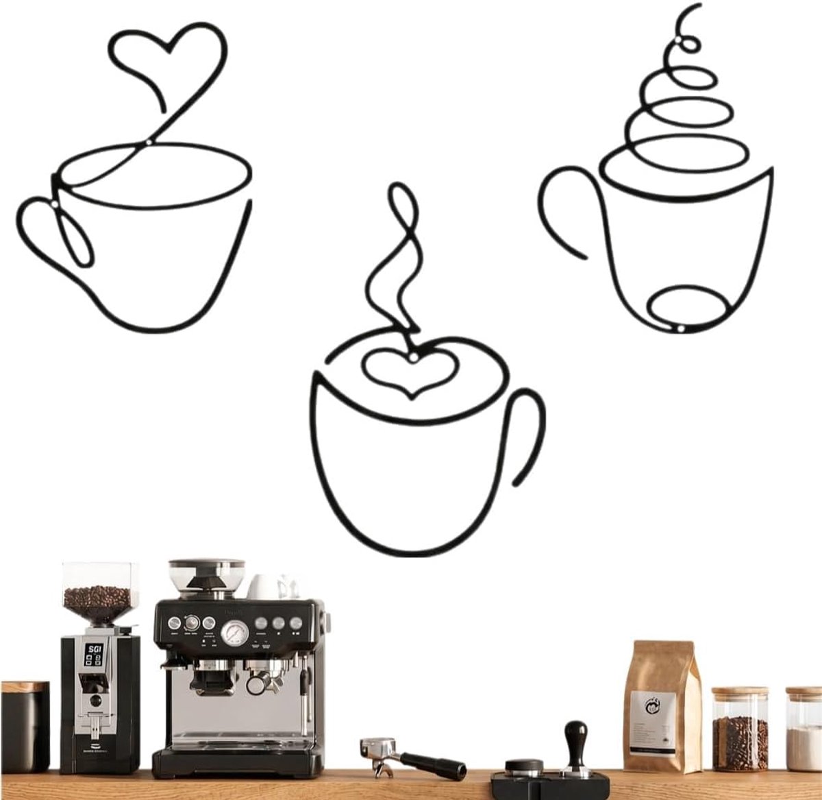 Koffiemok wanddecoratieset, 3 stuks wanddecoratie, metaal, zwart, wanddecoratie voor keuken, eetkamer, woonkamer, hal, café, werkkamer
