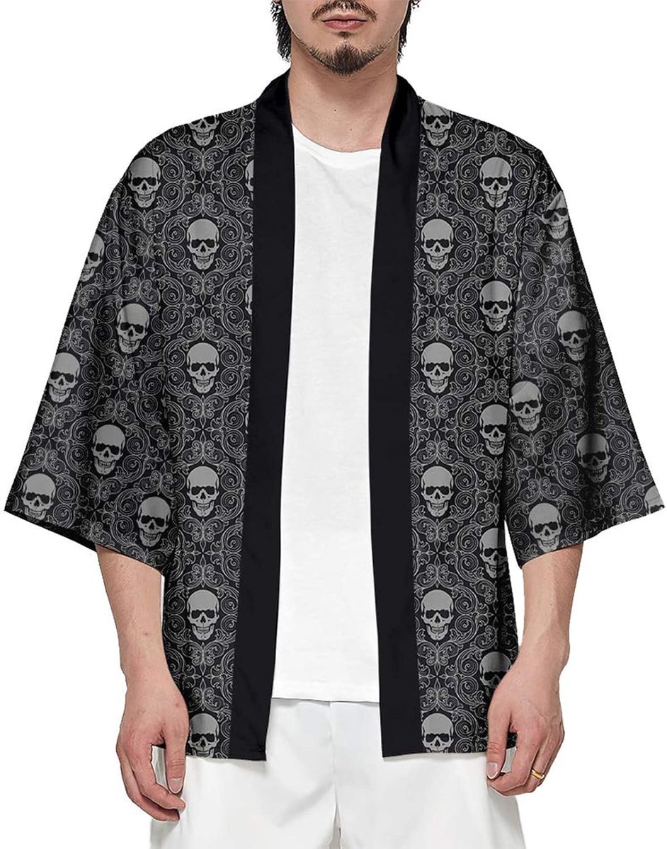 Kimono-jas voor heren, Japanse 3/4-mouwen, open stijl, cardigan, print met kraanvogelmotief