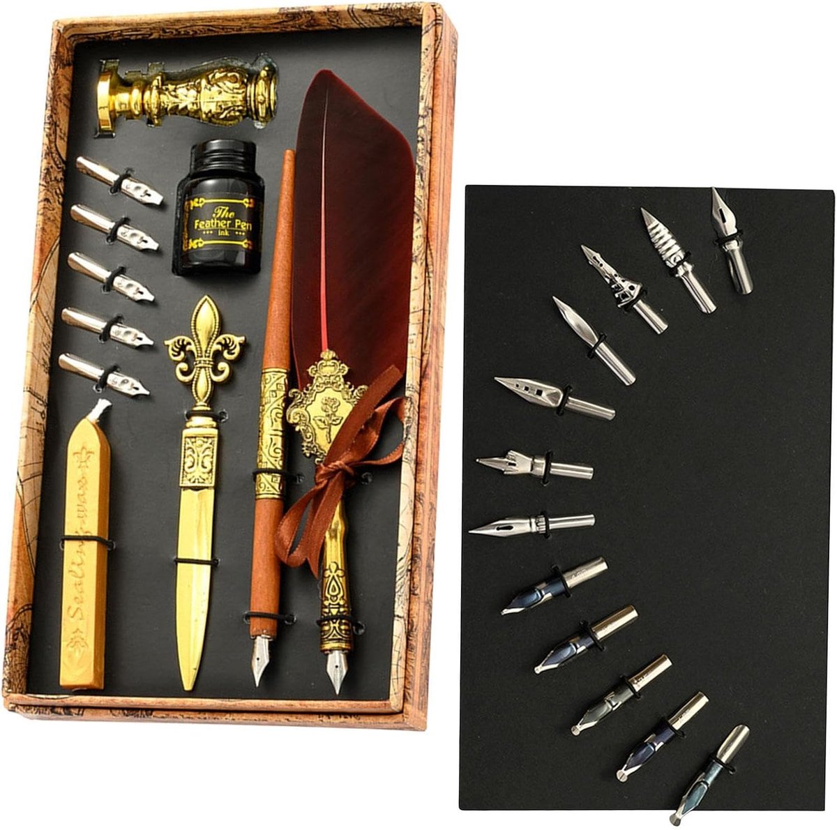 Federkiel Inktset | Quill Pen Set Antieke Kalligrafie Dip Pen | met Inkt | Verbeterde Waszegelstempelset met Reservepunten, Pen Vintage Signature Pen Cadeauset