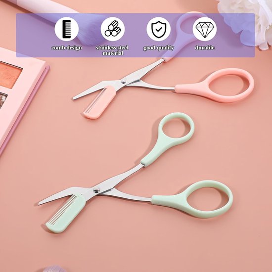 Wenkbrauwschaar met kam, wenkbrauwborstel, schaar, roestvrij staal, wenkbrauwschaar met kam, wenkbrauwtrimmer, precisietrimmer voor vrouwen en mannen (mintgroen, perzikroze) — afbeelding 5