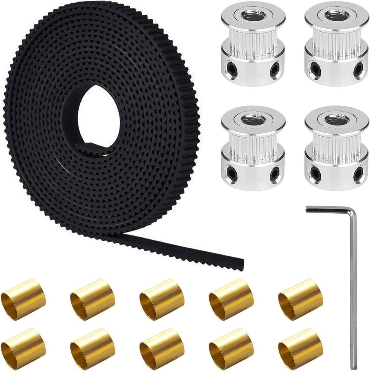 tandriem, 2 m zwarte open tandriem, 2 mm verdeling 6 mm breed + koperen gesp + GT2 Pulley 20 tanden voor Ender 3 3D-printer (open band)
