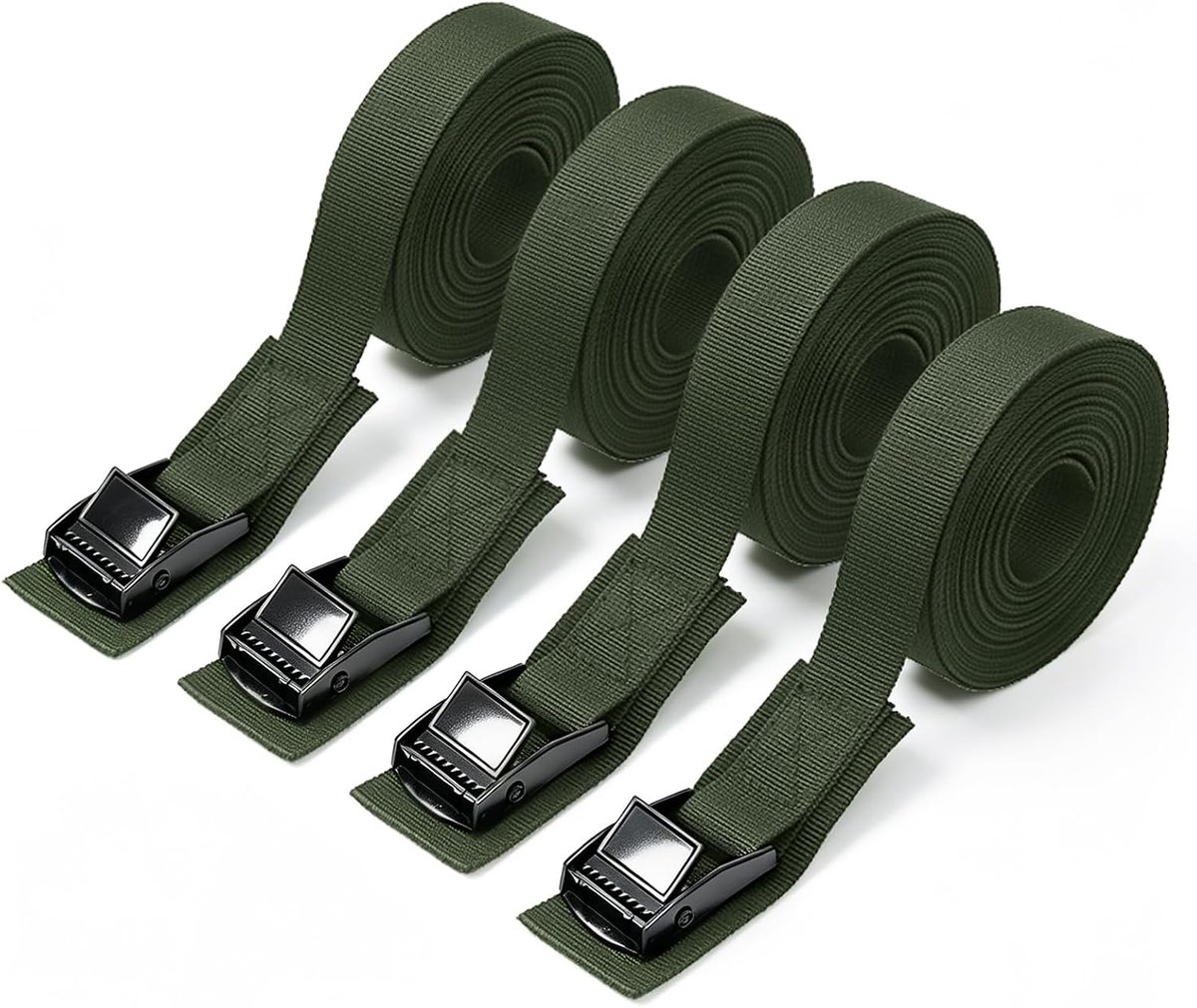 Set van 4 vastbindende riemen voor nokkengesp voor zware belasting, verstelbare spanriemen voor vrachtwagen, motorfiets, vracht, aanhangwagen, bagage (groen - 25 mm, 3,6 m)