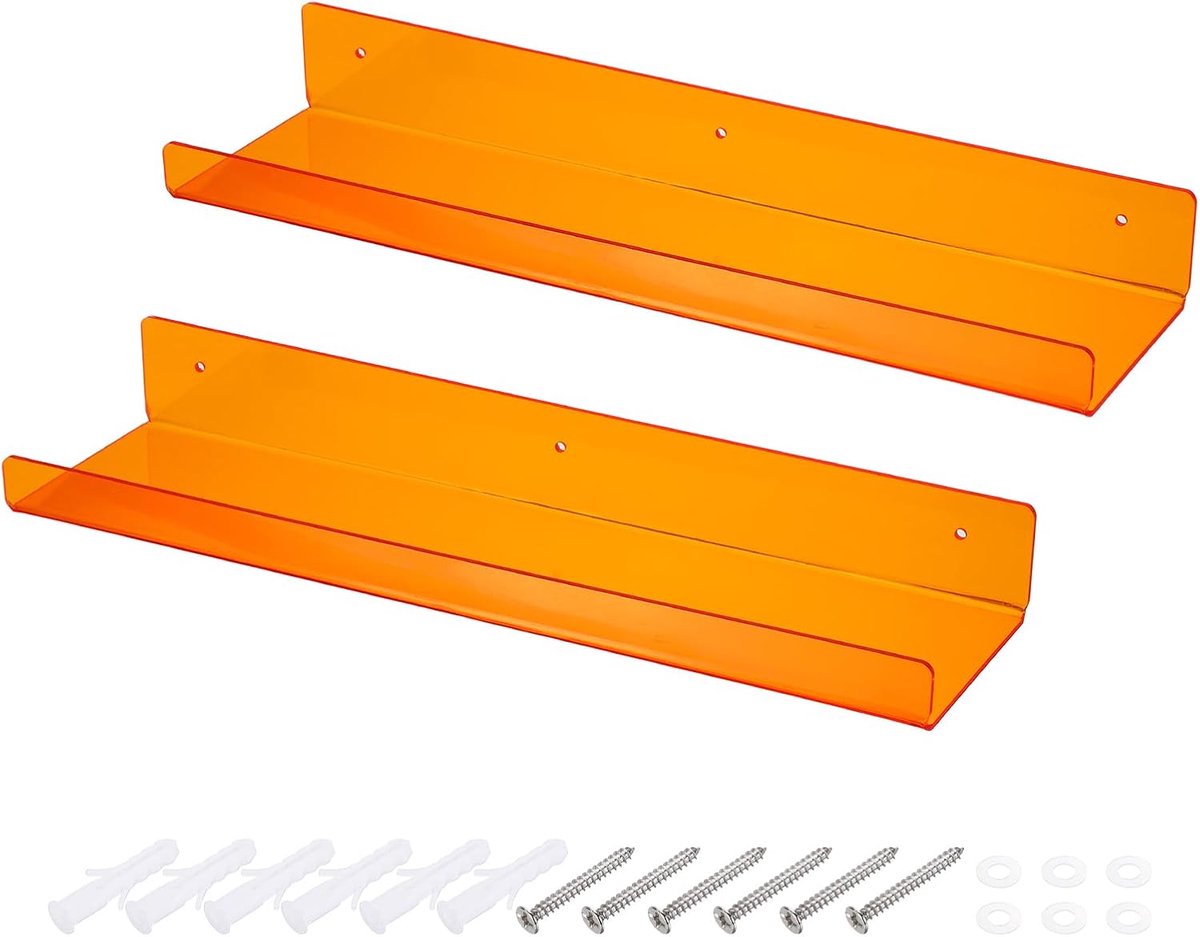 2 stuks acrylplanken voor muur, 35 cm oranje zwevende wandplanken, displayplank, organizer voor badkamer, slaapkamer, woonkamer, slaapkamerdecoratie