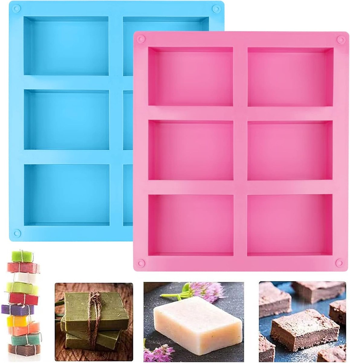2 Stuks Zeepvormen van Siliconen, Siliconen Zeepvormen Rechthoekig, Siliconen Vormen Zeep, 6-Cavity, Handgemaakte Zeepvormen, Siliconevorm voor Doe-het-zelf Zeep Maken, Handwerk(Roze+ Blauw)