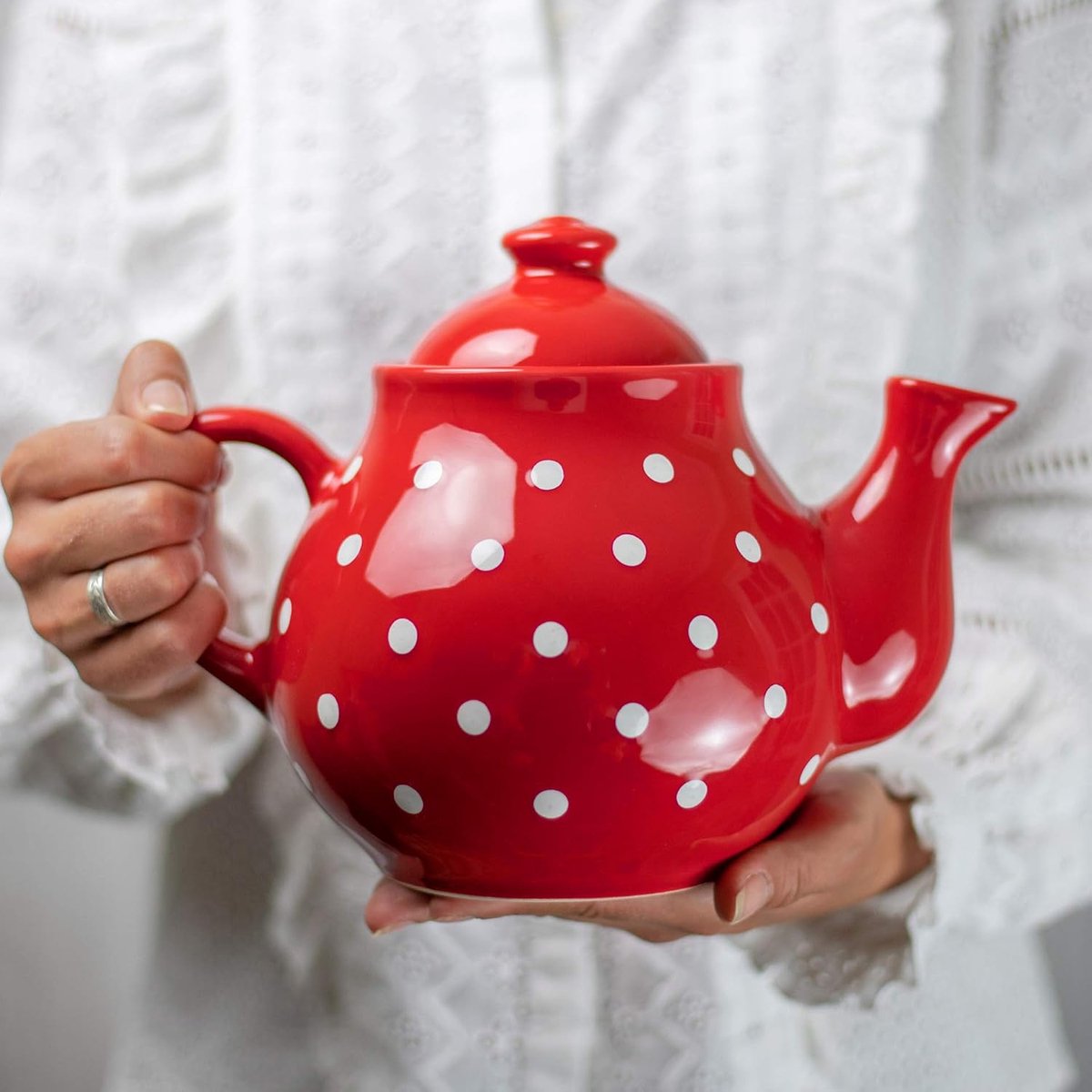 to Cottage Rood en Wit | Polka Dot Stippen | Grote 1,7l/60oz/4-6 Koppen Handgemaakte Handgeschilderde Keramische Theepot Met Handvat en Deksel