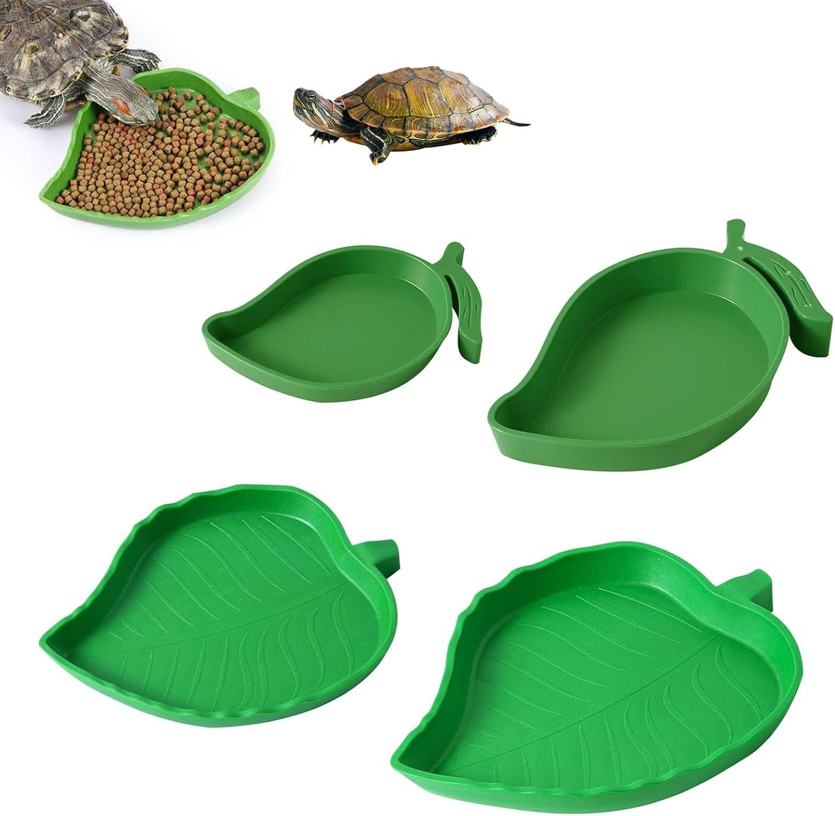 waterschaal terrarium, 4 stuks waterschaal voor schildpadden, groene PP reptielenwaterschaal, bladvormige en mangovruchtvormige terrariumschalen, voor het voeren van hagedissen, schildpadden en