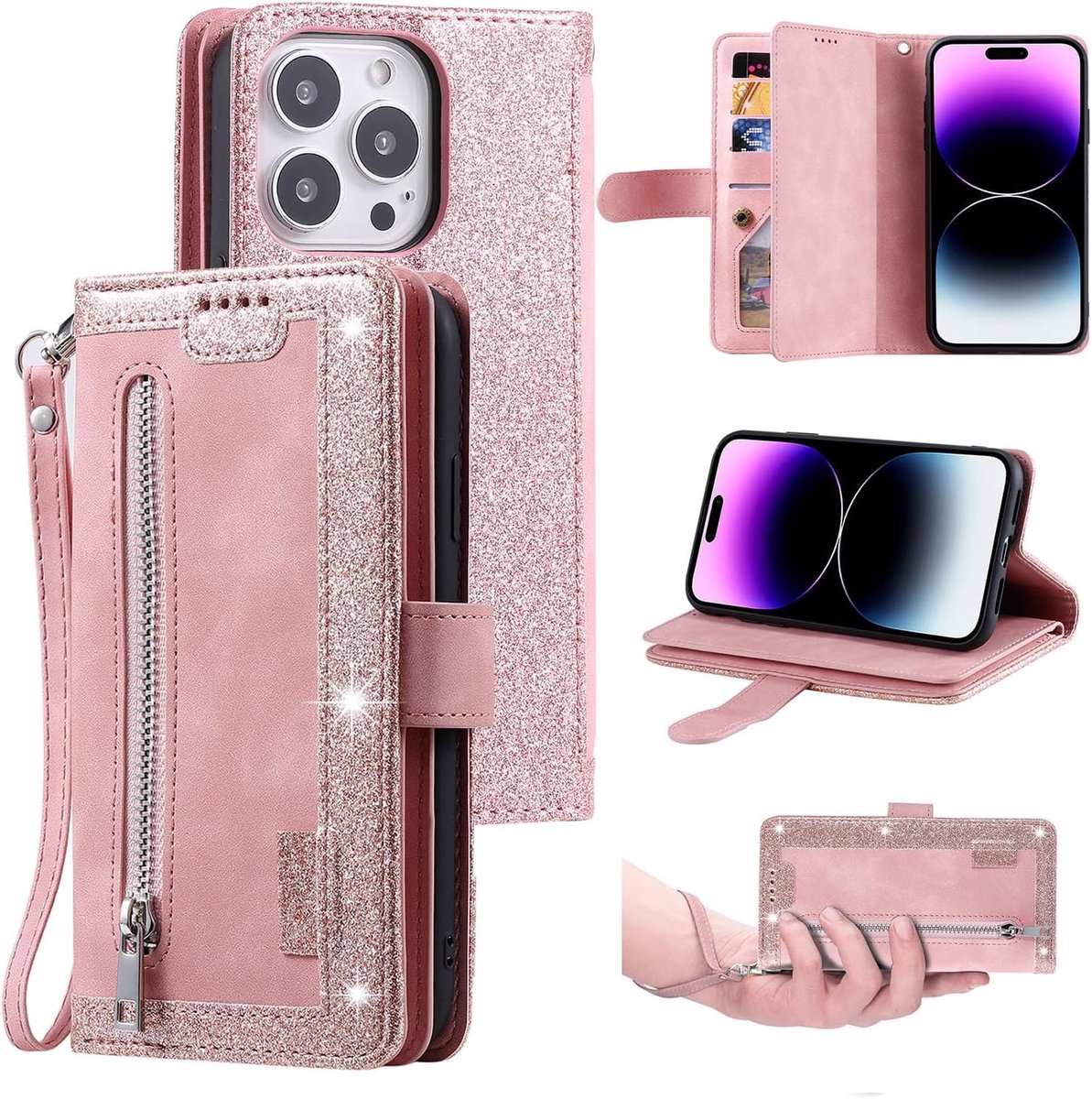 Beschermhoes voor iPhone 14 Pro 6,1 inch, beschermhoes van PU-leer, retro klaphoes, schokbestendig, met kaartvakken, stand, magneetsluiting, roségoud