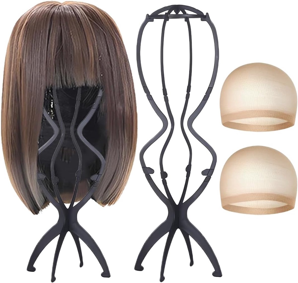 Set van 2 dubbellaagse pruikhouders van 50 cm, met 2 pruiknetten, ronde kop, afneembaar voor lange pruiken