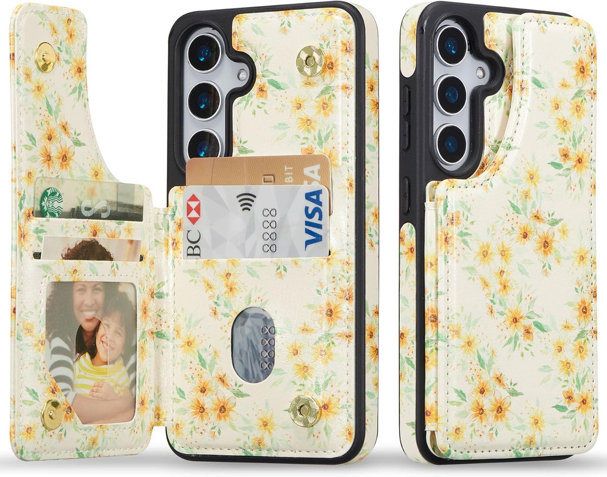 Hoes voor Samsung Galaxy S24/S25 met kaartenvak, elegant bloemenpatroon, telefoonhoes, lederen magneetsluiting, kaartenvak, portefeuille, klaphoes, Samsung S24 S25, zonnebloemen