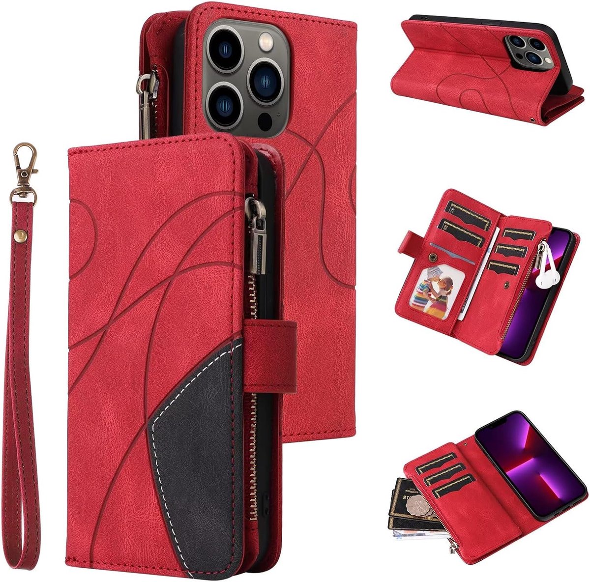 Hoes voor Samsung Galaxy S24 Plus, 9 kaartvakken, lederen portemonnee, schokbestendig, flipcase met handlus, standfunctie, ritssluiting, telefoonhoes met magneetsluiting, portefeuille, rood