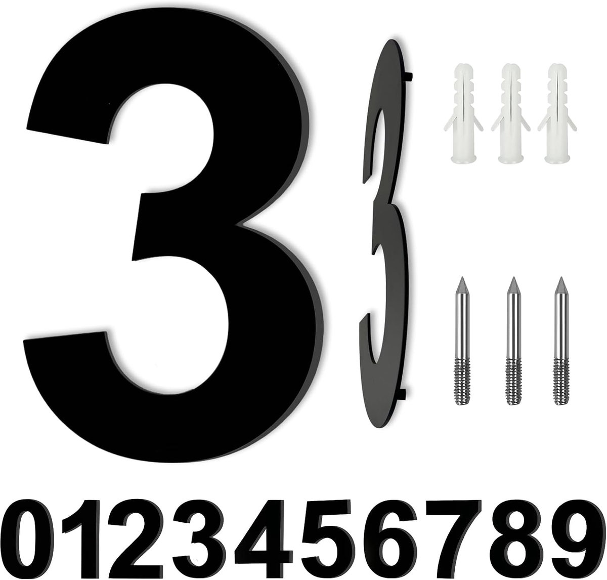 Huisnummers Voor Buiten, 8 Inch (10 cm), Modern Groot Metalen Huisnummer, Roestvrij Staal, Signaal 3, Zwart