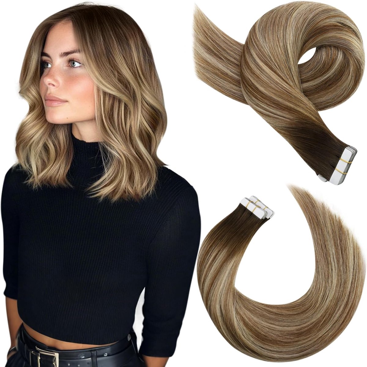 Haarextensies Echt Menselijk Haar Balayage Donkerbruin tot Medium Bruin met Bleek Blond #4/6/613 30 cm 20 Stuks 30g | Tape-in extensies, echt haar, voor glad en golvend haar, gelijkmatige verbinding, lengte 30 cm