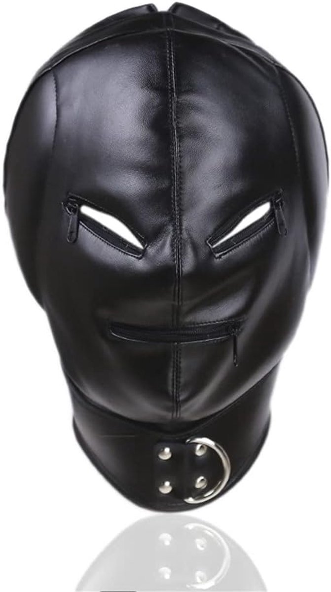 Lederen masker met ritssluiting, hoofdmasker met capuchon, carnavalsmasker