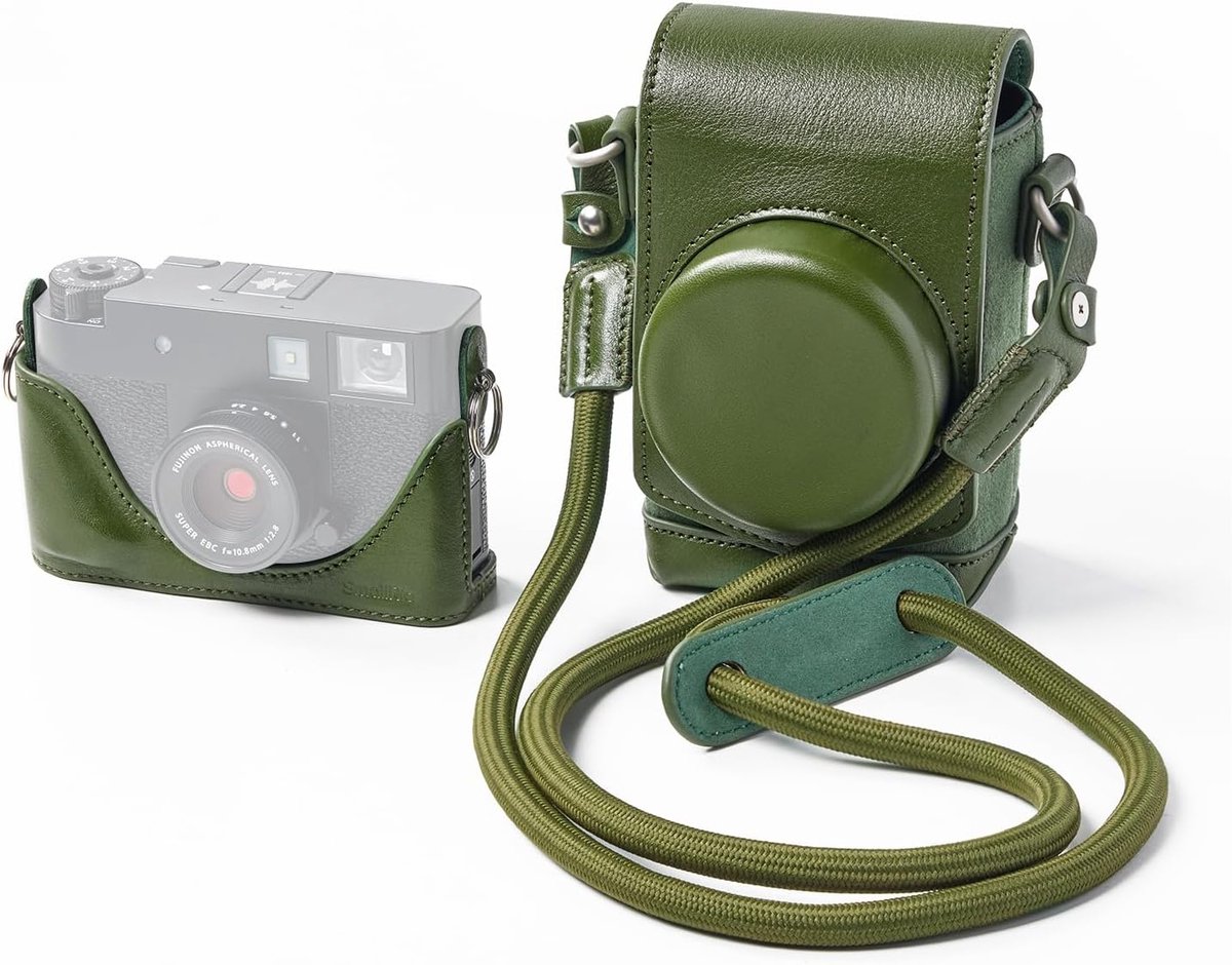 Leren Tas voor de FUJIFILM X Half, Retro Stijl Full-Cover Draagtas met Half Leren Tas, Ingebouwde Kaarthouder, Draagbaar en Beschermend met Geweven Schouderriem (Groen) - 5220
